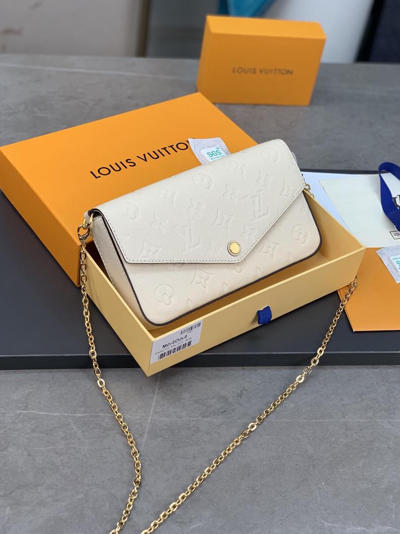 The M64064 off white Pochette Flice chain bag features a Monogram Imprente leather embossed Louis Vu