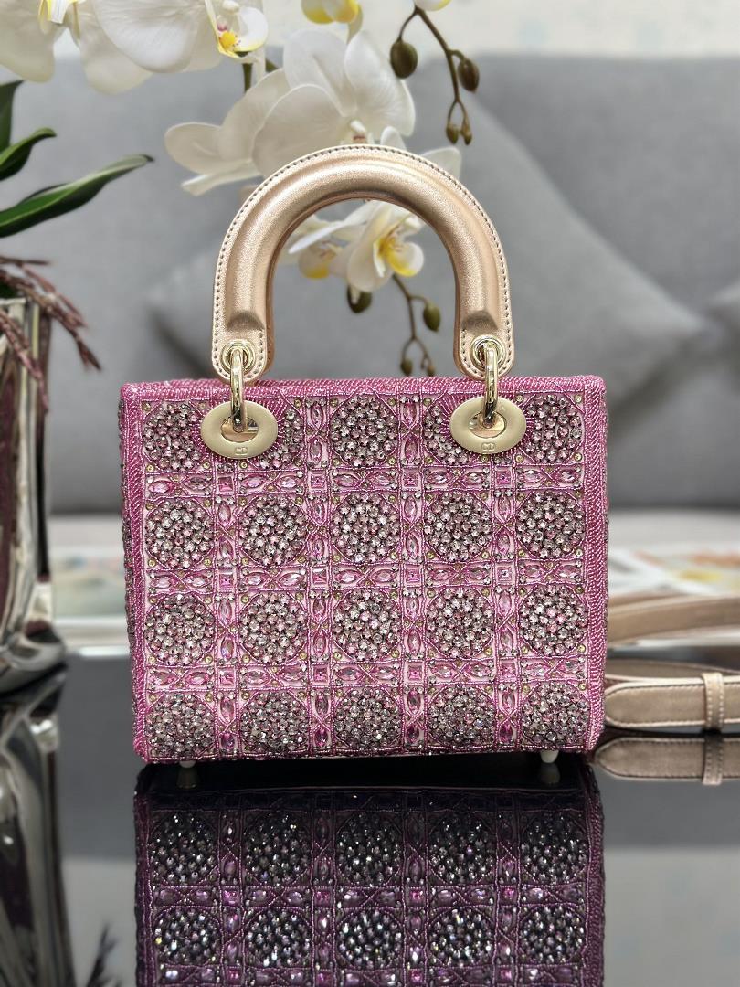 Lady Dior Limited Edition four grid embroidered rhinestone pink with imported sheepskin lining