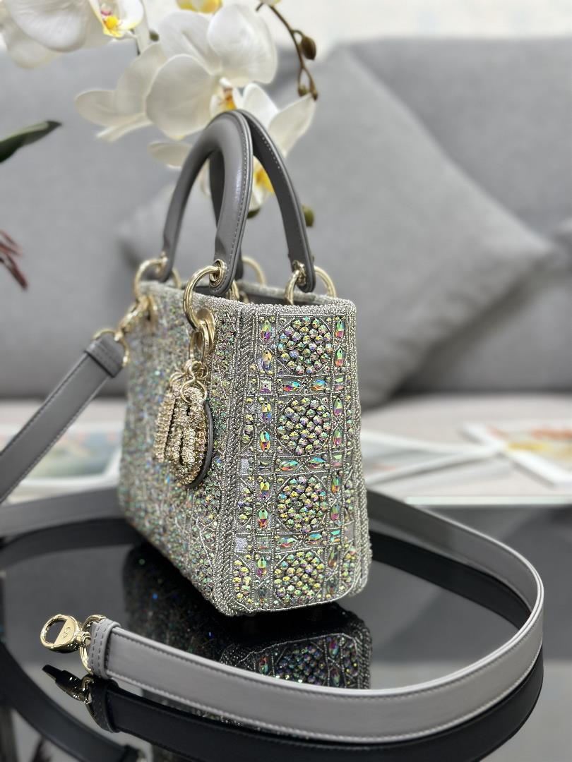 Lady Dior Limited Edition with four embroidered rhinestone gray accents and imported sheepskin