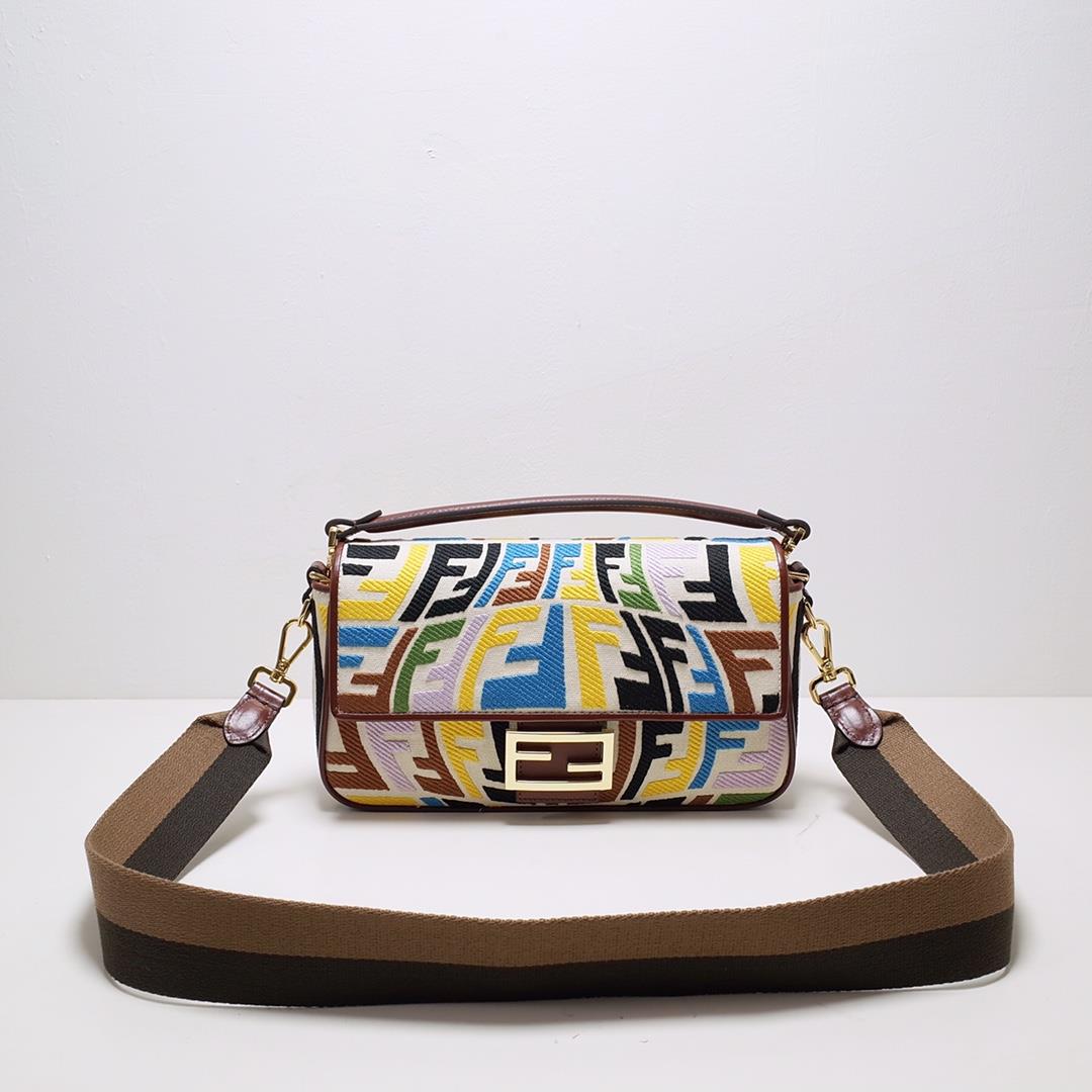 FEND1 Iconic Baguette Medium Handbag made of canvas material decorated with contrasting FF fisheye e