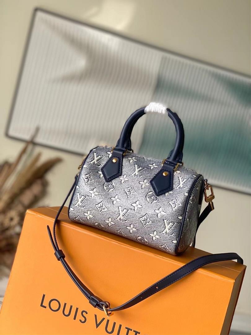 The top tier original M23069 Speedy Bandoulire 20 handbag features the seasons Monogram fabric to c