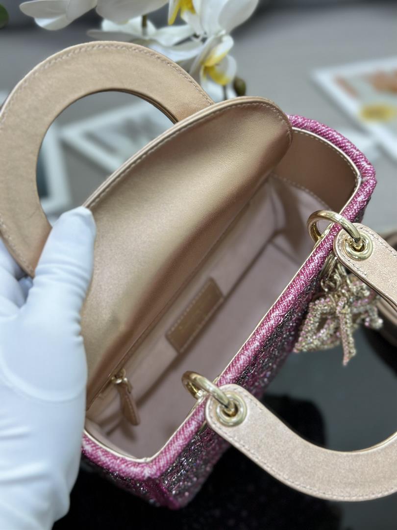 Lady Dior Limited Edition four grid embroidered rhinestone pink with imported sheepskin lining