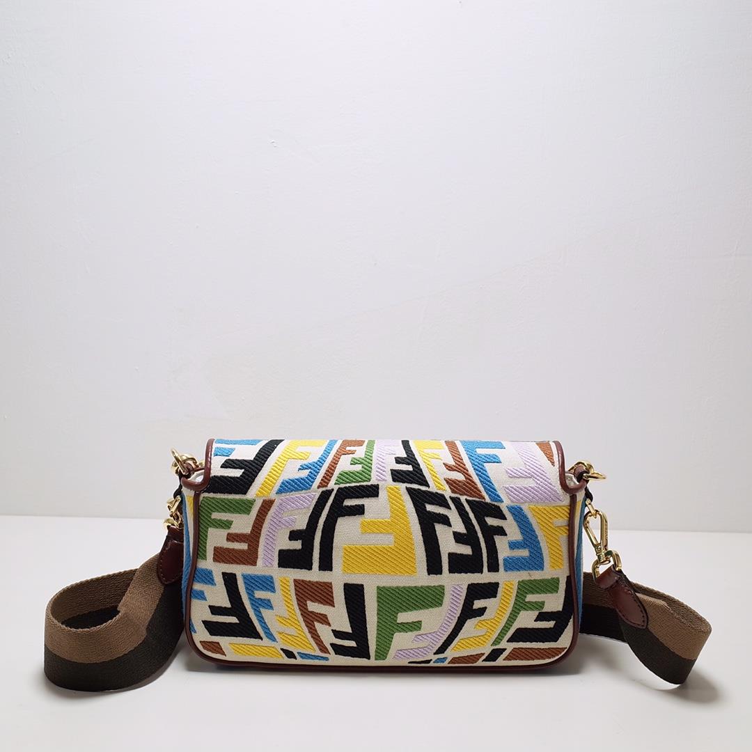 FEND1 Iconic Baguette Medium Handbag made of canvas material decorated with contrasting FF fis