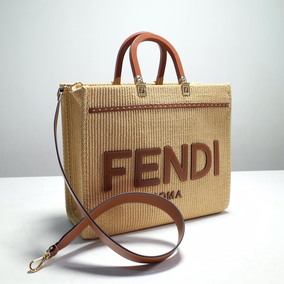 FENDI Sunshine Medium tote bag made of natural grass woven material showcasing a mossy stitchi