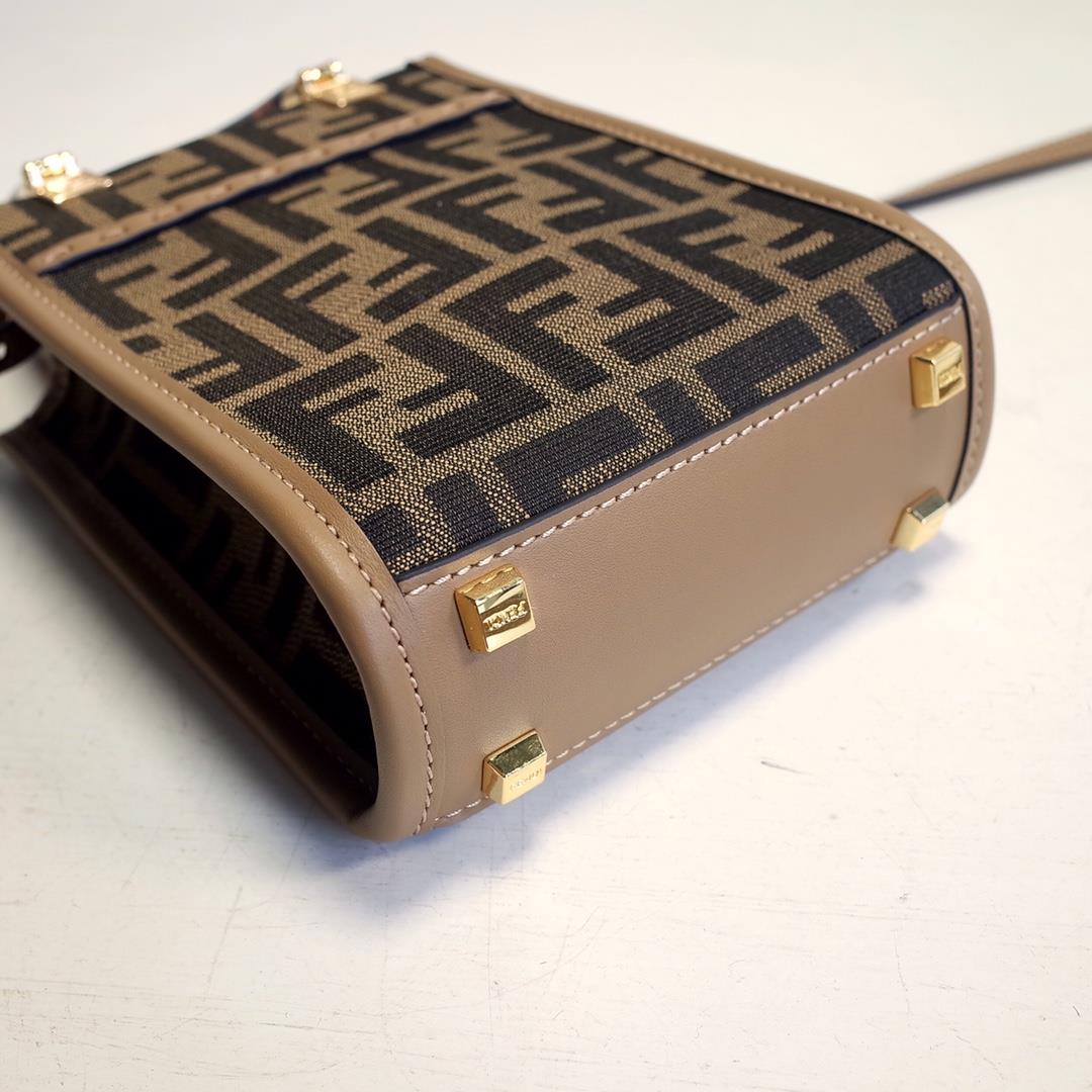 FENDI Sunshine Brown FF Jacquard Pattern Fabric Mini Handbag with Hard Organic Glass Hawksbill