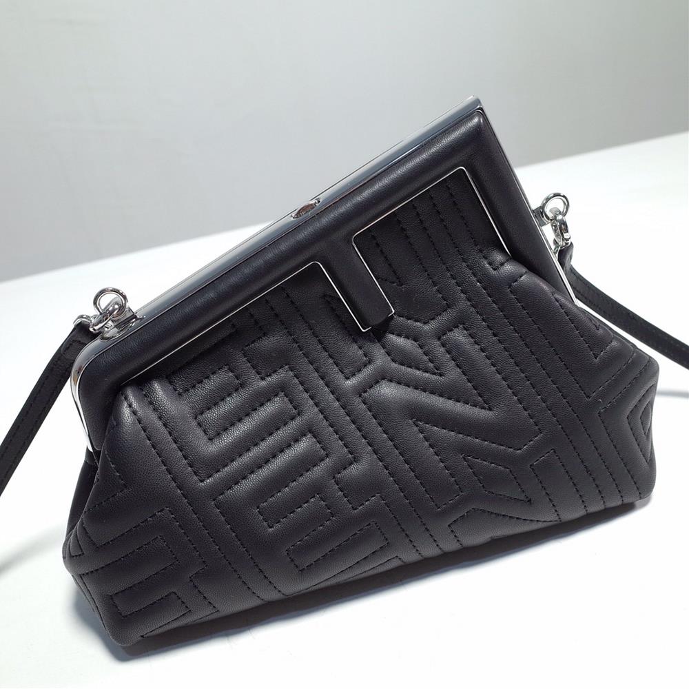 Fendi First small handbag features a unique and stylish slanted logo for the new launch