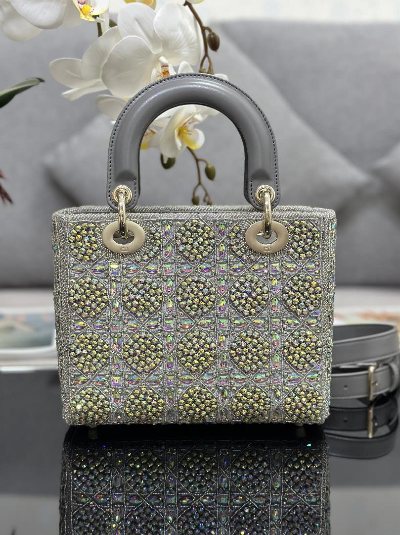 Lady Dior Limited Edition with four embroidered rhinestone gray accents and imported sheepskin