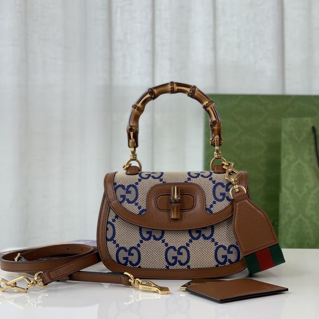 Super Double G Pattern Bamboo Knot Handbag Camel and Blue Super Double G Canvas with Brown Leather