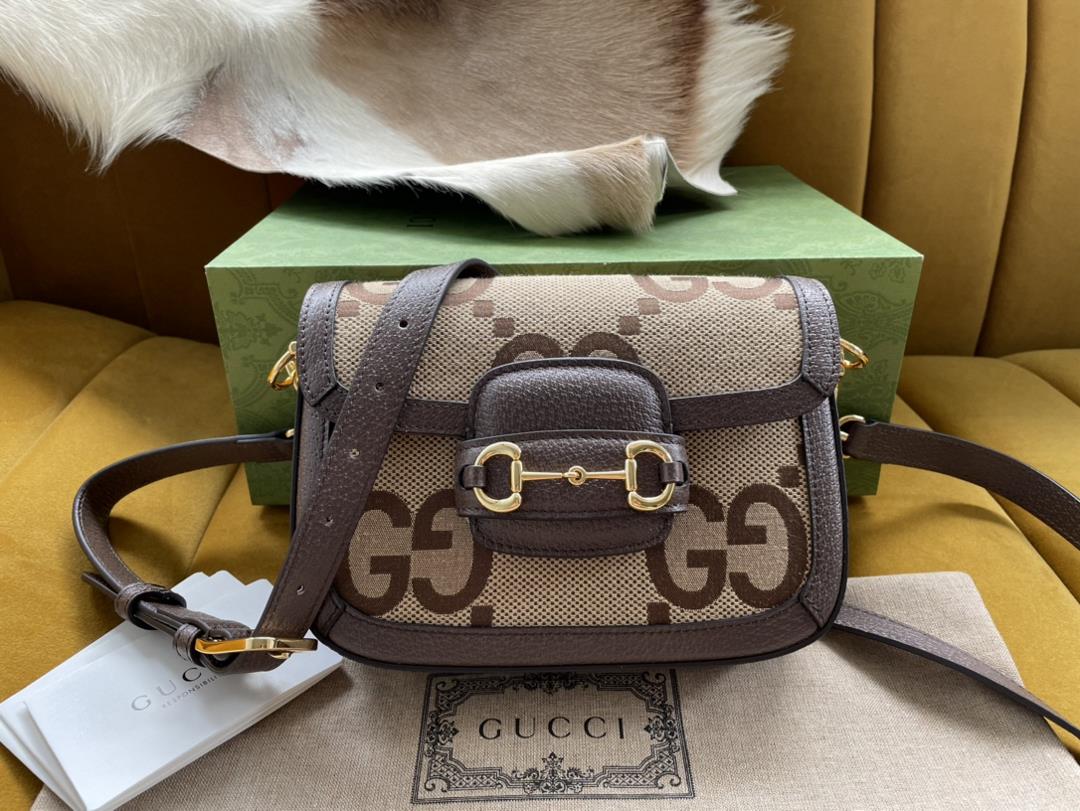 Original leather Gucci 658574 original leather with printed fabric horse buckle 1955 series mini han