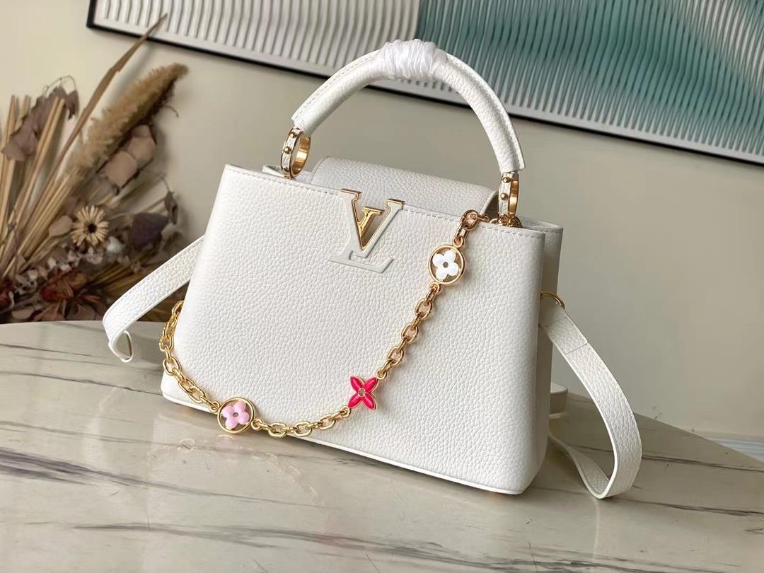 Top grade original M22512 white enamel flower chain This Capuchines handbag is made of Taurillon lea