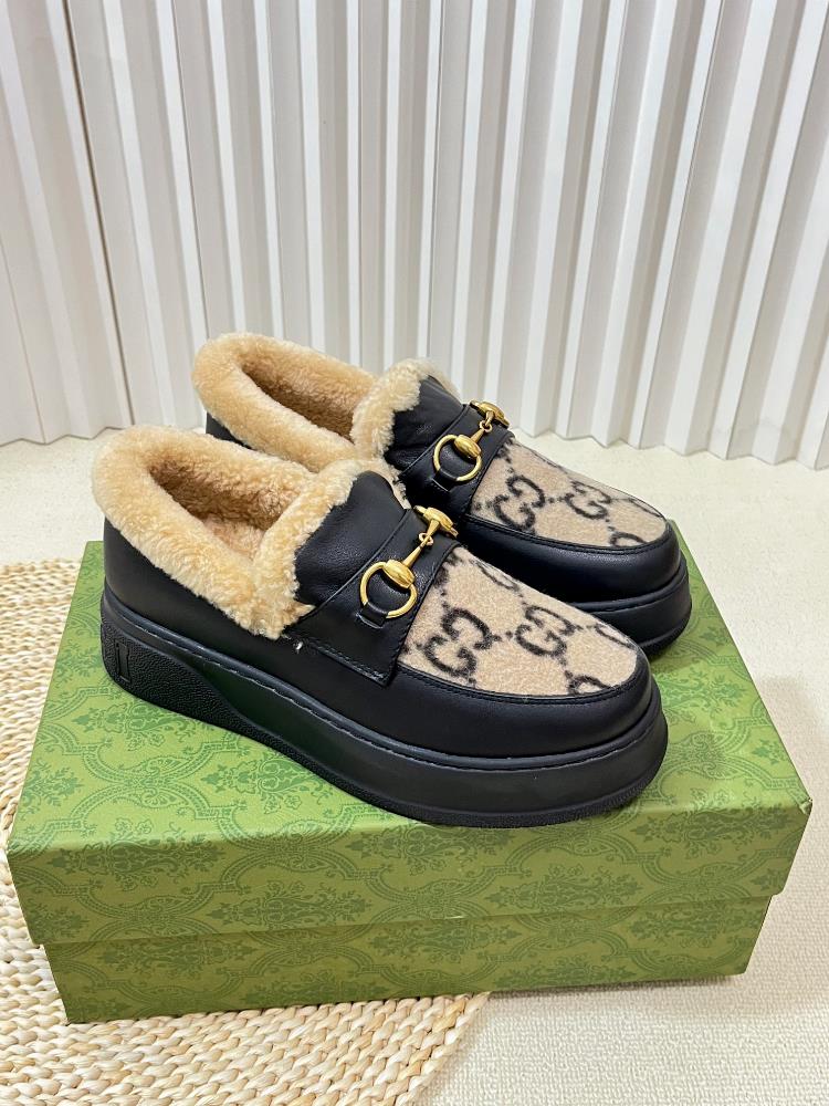 Factory top quality Gucci Winter New Nu Sheep Leather and Wool Integrated Snow Boots Wool Shoes Jacquard Fabric Logo Cowhide Imported Wool Inner