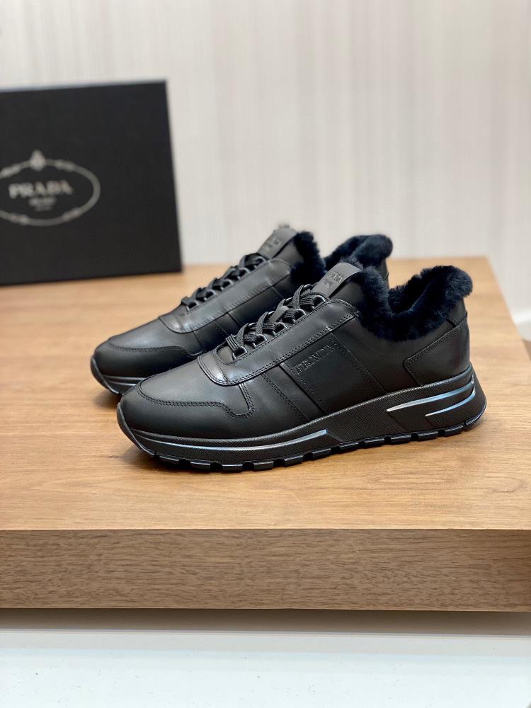 Prada Mens Lace Up Sports Shoes in Leather and Fur for Autumn and WinterTop quality impo