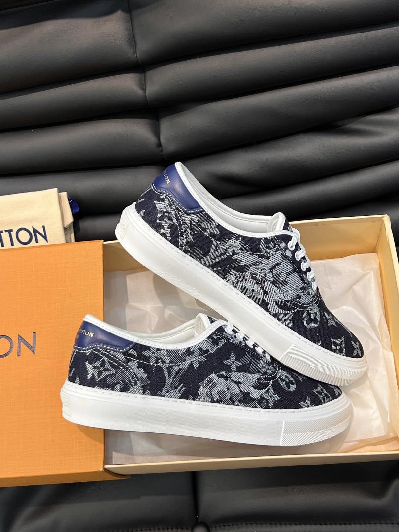 L V Ollie mens casual lace up board shoes with a Monogram printed denim fabric upper and calf 