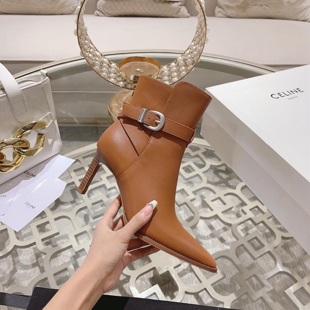 Celine AutumnWinter New Simple Pointed Toe High Heel Short Boots Vintage Simple and Fashionable Comfortable and Versatile on the FootThe flagship