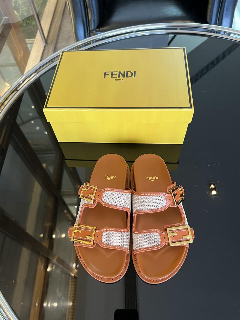 Top level original goods FENDi double strap flat bottom slippers with FF Baguette decorative buckle