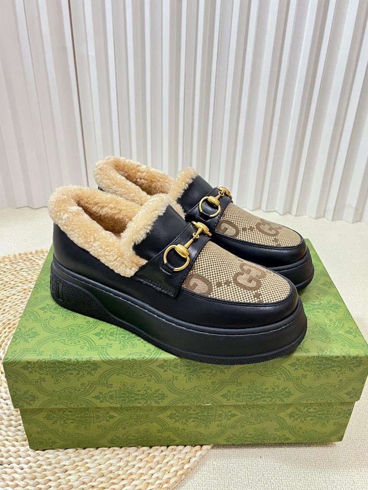 Factory top qualityGucci Winter New Nu Sheep Leather and Wool Integrated Snow Boots Wool Shoes Jacquard Fabric Logo Cowhide Imported Wool Inner L